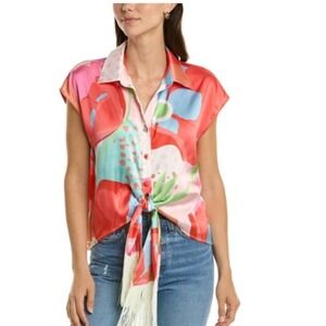 Hutch Anthropologie Womens Brickell Button Up Blouse Size Large Tie Fringe Artsy